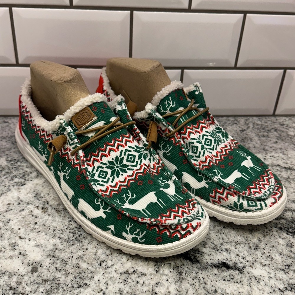 Hey Dude Womens 11 Wendy Ugly Sweater Green Red Reindeer Faux Shearling Loafers